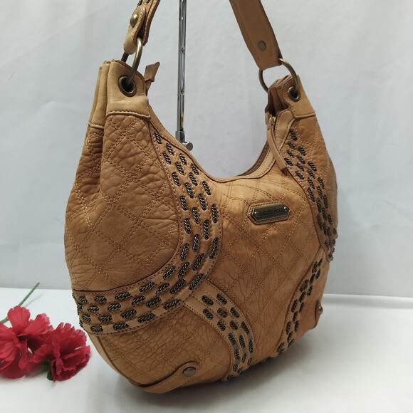 Isabella Fiore Tan Brown Learher Stitching Zipper Closure Hobo Shoulder Bag - Picture 5 of 16